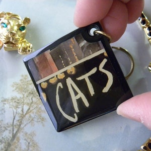May include: A black and gold keychain with a square charm that says "CATS" in white paint. The charm has a picture of books on a shelf.