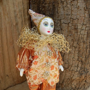 Vintage Porcelain Harlequin Clown Doll: Gold Brocade Satin, French OOAK