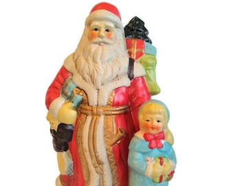 Primitive Victorian Santa, Large Ceramic Santa Claus Statue w Child, Christmas Decor, Santa Decoration 16" TALL, Collectible Christmas Past