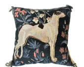 Dog Portrait Needlepoint Pillow with Jacobean floral Background and Green Velvet Back. Tapestry Dog Pillow Vintage Textiles