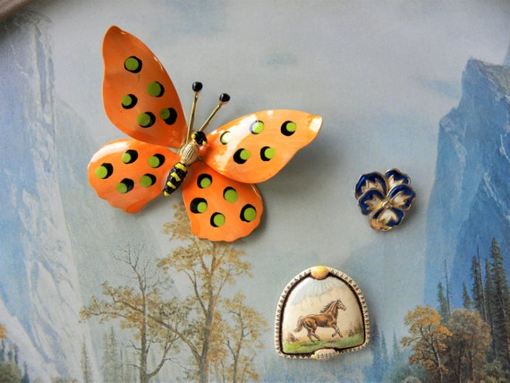 Enameled Butterfly Brooch Pin, Orange Enamel Butt… - image 3