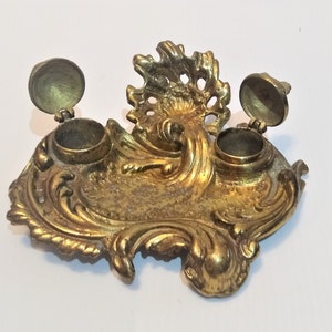 Antique French Rococo Inkwell Brass Ink, French Art Nouveau Brass Double Inkwell, Victorian Inkwell, Writers Desk Tray, Calligraphy Inkwell