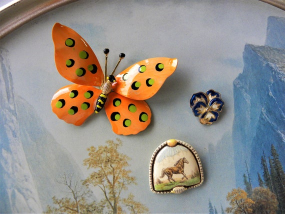 Enameled Butterfly Brooch Pin, Orange Enamel Butt… - image 5