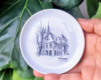 Vintage German Ceramic Mini Ink Drawing Plate: Erkelenz Altes Rathaus Architectural Drawing