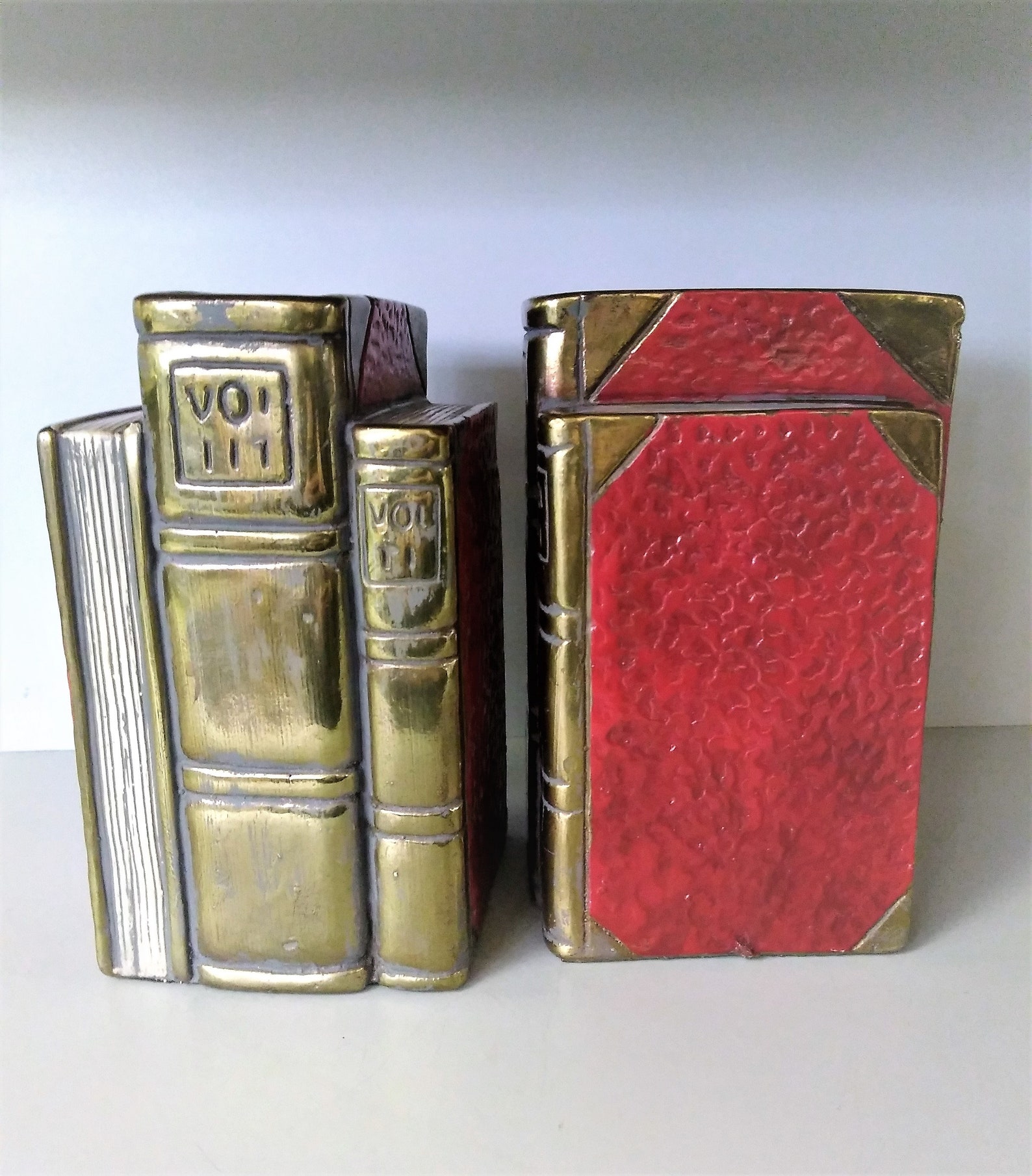 Brass Bookends Stack of Brass Books Bookends With Red Enamel Etsy