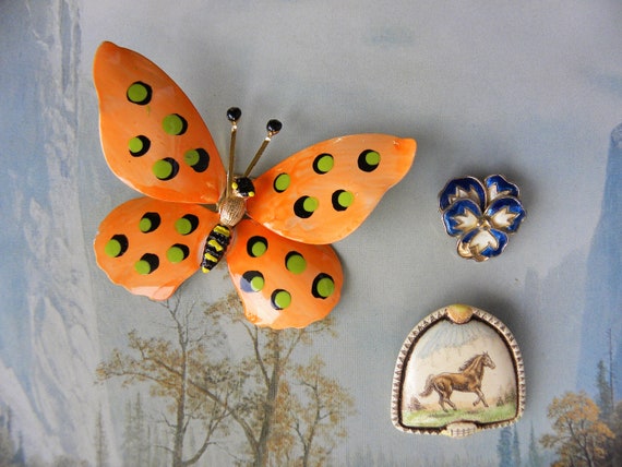 Enameled Butterfly Brooch Pin, Orange Enamel Butt… - image 9