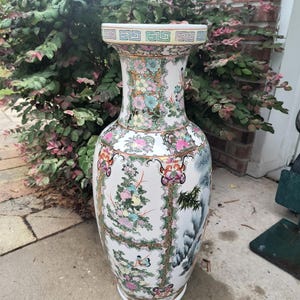 Antique Chinoiserie Floor Vase: Famille Scenes & Greek Key Pattern