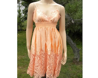 Vintage Camisole Peach Embroidered Cut - Out Lace Dress, Peach Color Silk Cami Spaghetti Strap with Smocked Midriff