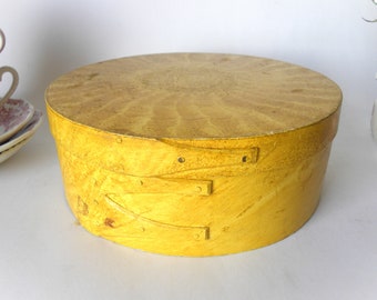 Antique Yellow Stained Varnished Bentwood Shaker Box 3 Finger Shaker Pantry Round Storage Box, Primitive Kitchen Storage Box