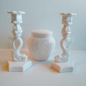 White Milk Glass Koi Dolphin Candlestick Holders - Set of 2