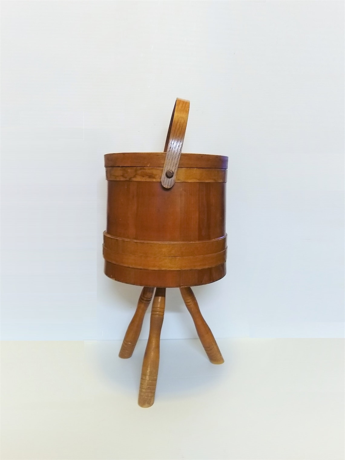 Antique Firkin Bucket Sewing Box Stand w Handle Bent Wooden Etsy