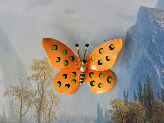 Enameled Butterfly Brooch Pin, Orange Enamel Butt… - image 2