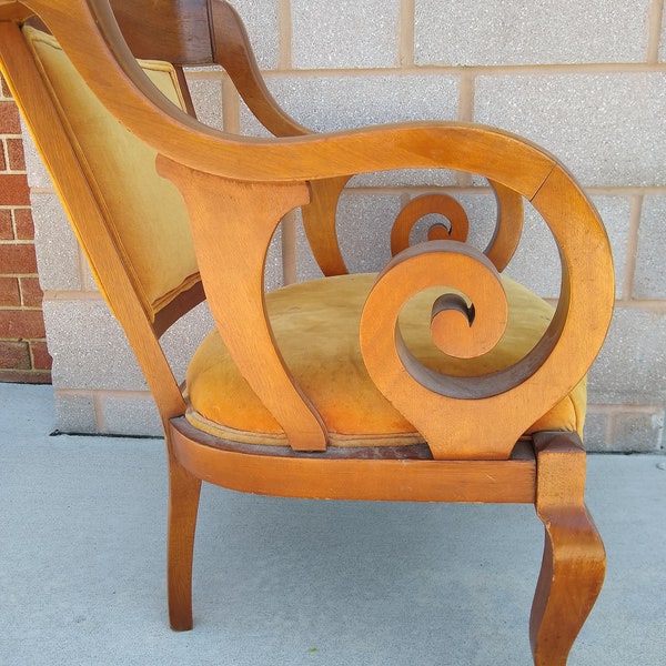 Reserved Federal Empire Lounge Armchair with Scrollwork Molding Lion Paw Foot, Scroll Arms New York Federal Empire Lounge Chair, Blond Wood