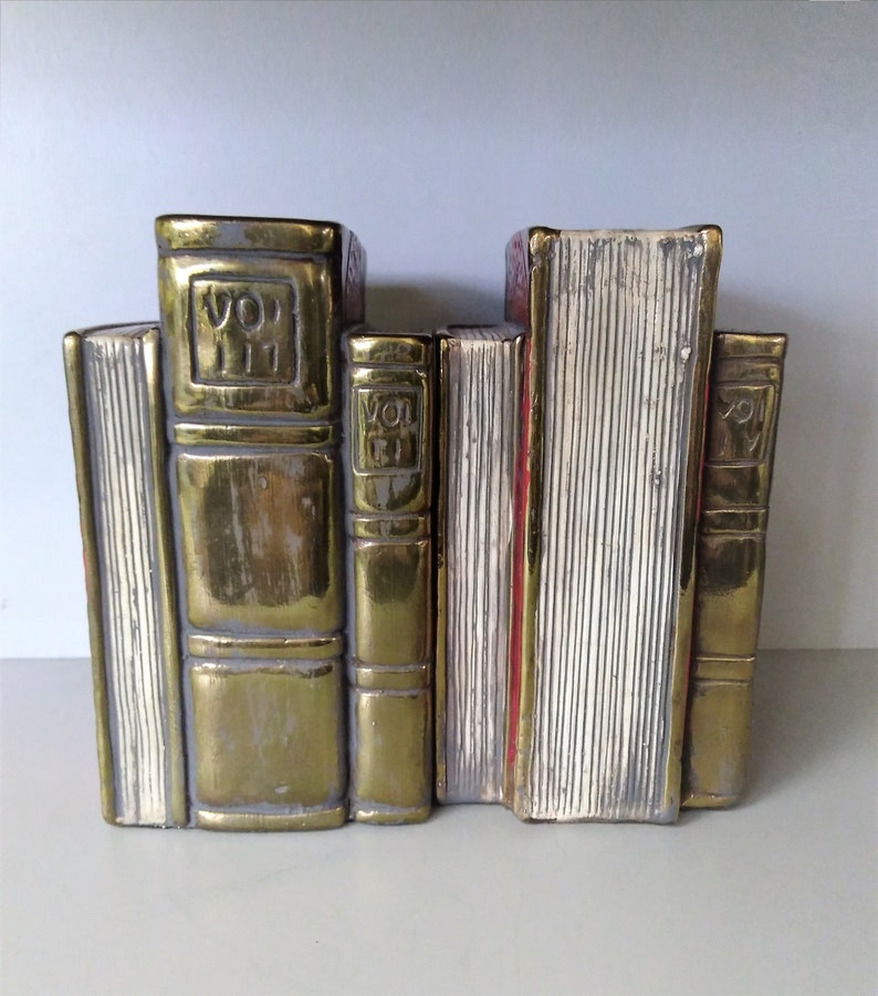 Brass Bookends Stack of Brass Books Bookends With Red Enamel Etsy