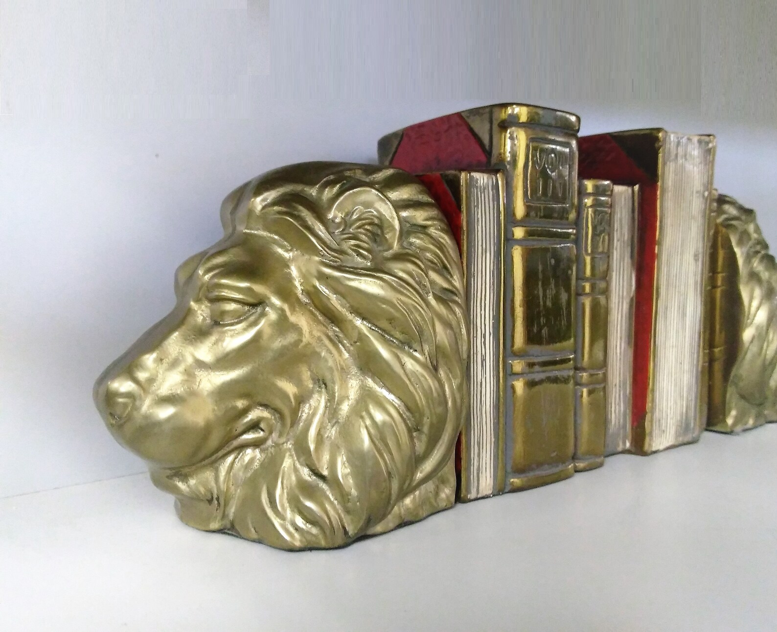 Brass Bookends Stack of Brass Books Bookends With Red Enamel Etsy