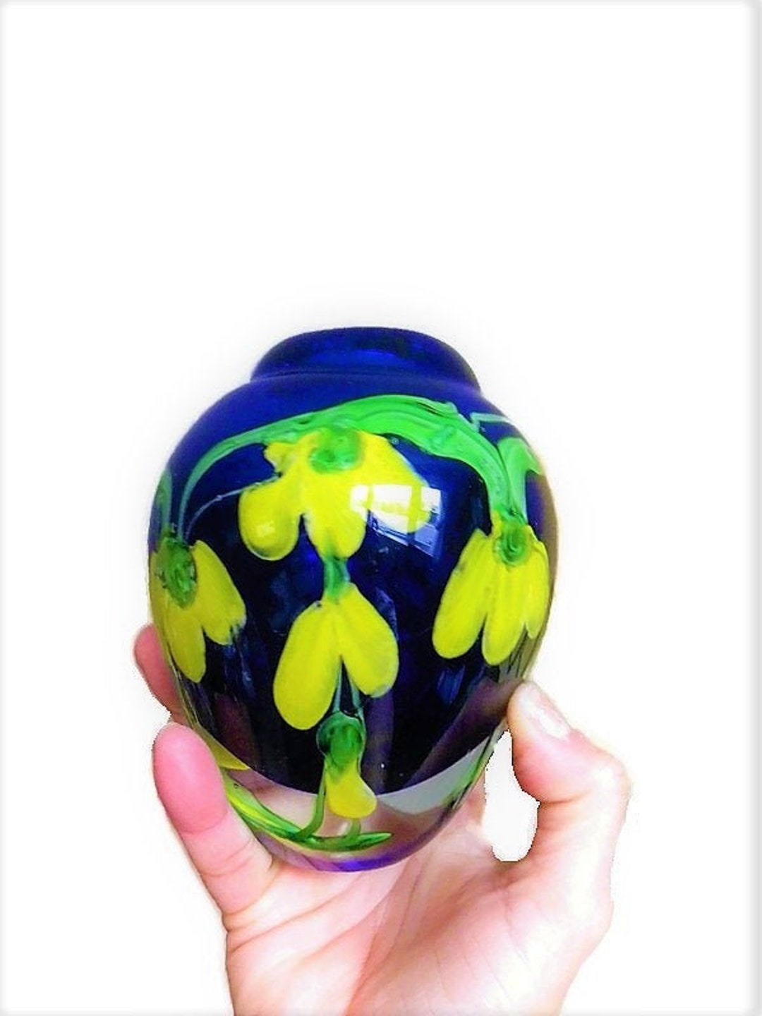 Murano Glass Egg Vase, Murano Cobalt Blue Egg Vase With Yellow Flowers