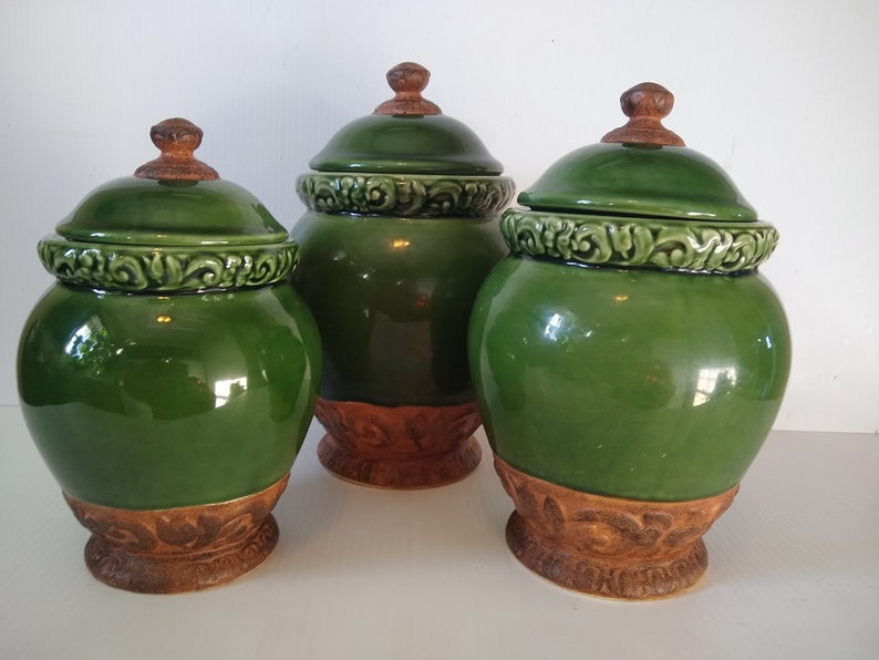 Large Green Ceramic Canisters Jar Set Certified International Etsy