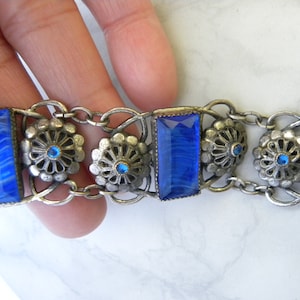 Czech Bracelet, Lapis Lazuli Sapphire Blue Glass, Vauxhall Glass Art Deco Bracelet, Silver Backed Vintage Bracelet