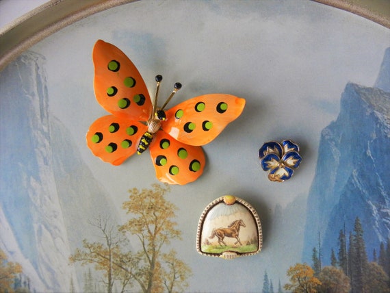 Enameled Butterfly Brooch Pin, Orange Enamel Butt… - image 4