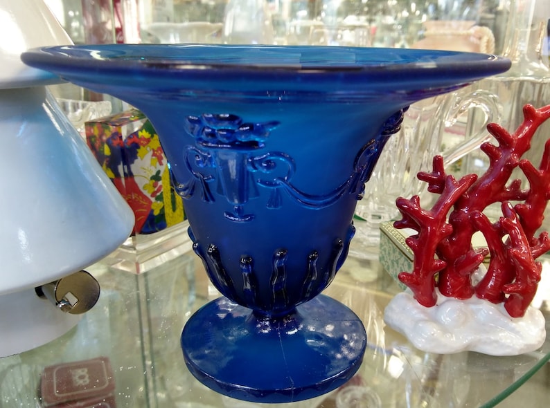 Cobalt Blue Glass Urn Edvin Ollers Elme Blue Glass Vase Urn Art Glass Relief Embossed Sweden Scandinavian Glass Vase Urn