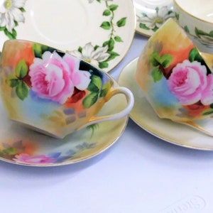 Nippon Teacups set of 2 Hand Painted Tea Cups Japan, Pink Orange Teacups, Princess Tea Party, Bachorette, Gift for her  2x Sets of Teacups