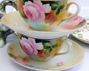 Vintage Nippon Teacup Saucer Set of Two: Japanese Hand Painted Pink Roses Green Yellow Floral Design, Gorgeous