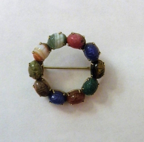 Vintage Multicolored Jade Scarab Pin 12K gf Signe… - image 5