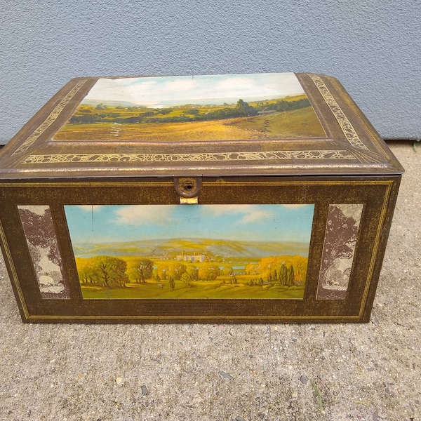 Advertising Lithographed Tin Box with Pastoral Landscape, Rustic Farmhouse Decor