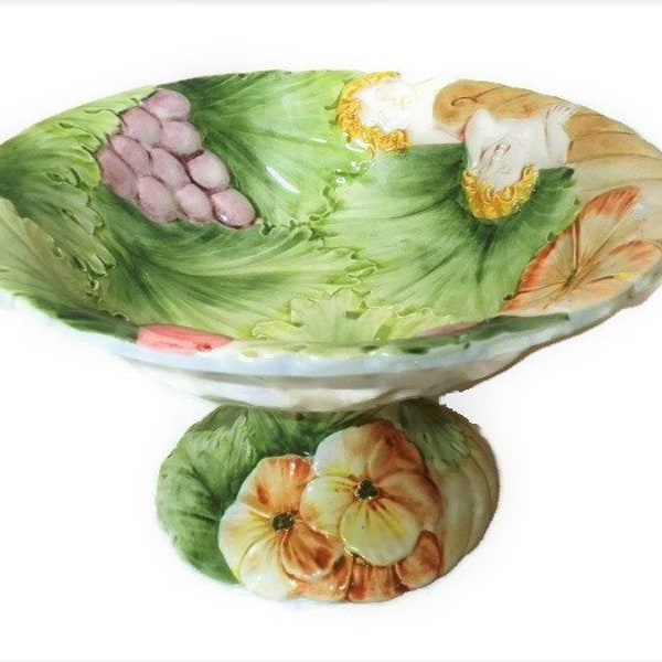 Majolica Cake Stand Compote Fitz and Floyd Pedestal Dish, Garden Style Majolica Compote Footed Bowl, Pottery Grape Berries Leaves