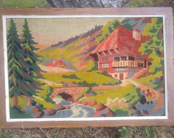 Pastoral Countryside Landscape Needlepoint Cross stitch in Wood Frame, Cross Stitch Wall Art Vintage 1970's  Needlepoint Art  23" Nice!