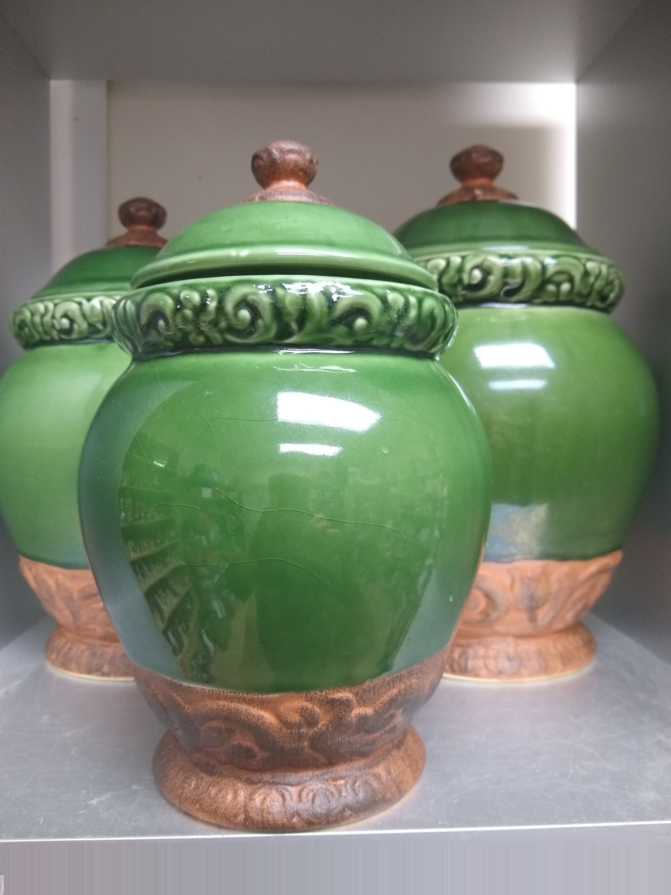 Large Green Ceramic Canisters Jar Set Certified International Etsy