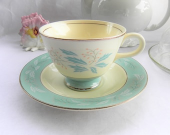 Vintage Cavalier Romance Teacup & Saucer: Homer Laughlin Turquoise Aqua Blue