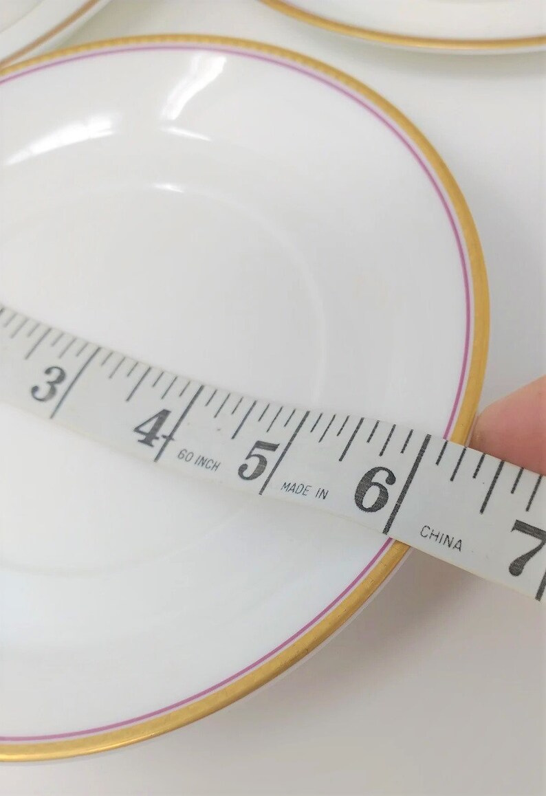 May include: A white saucer with a gold and pink trim. The saucer is being measured with a tape measure that reads "60 inch" and "Made in China".