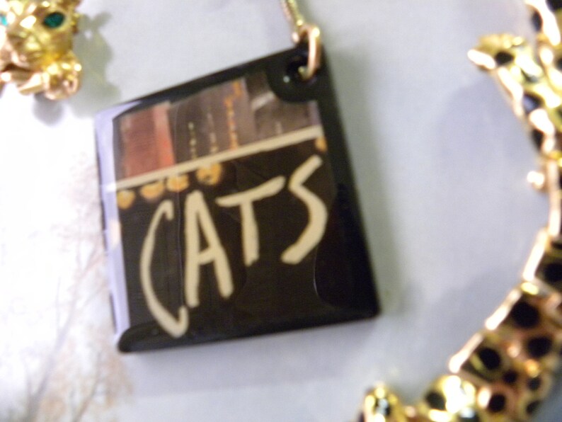 May include: A black and gold necklace with a pendant that says "CATS" in white lettering. The pendant is a rectangular piece of black plastic with a picture of a bookshelf on it.