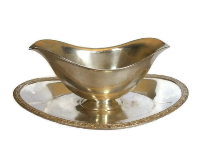 Silver Gravy Boat Attached Saucer Vintage Silverplated, Double Pourer