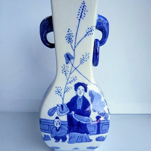 Blue White Asian Vase Story Scene Porcelain Vintage, Chinoiserie Asian Decor