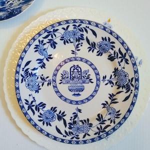 English Blue Transferware Plate Flower Basket Urn Motif by Delph James M. Shaw & Co  Staffordshire England, Wall Plate Decor