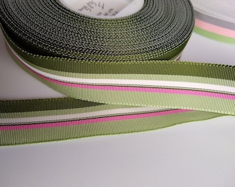 Olive Green Pink Stripe Grosgrain Ribbon, Vintage Designer Stripe Ribbon by the Yard 3/4" Wide Made in USA, DIY Sewing