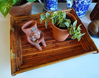 Boho Tray Bamboo Rectangular Tray, Vintage Bamboo Plant Tray, Bamboo Serving Tray