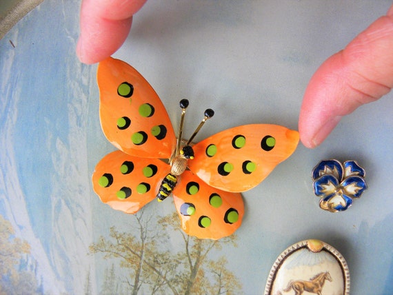 Enameled Butterfly Brooch Pin, Orange Enamel Butt… - image 1