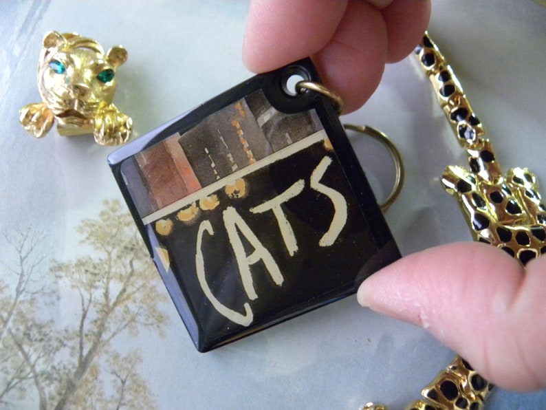 May include: A black and gold keychain with a square charm that says "CATS" in white paint. The charm has a picture of books on a shelf.