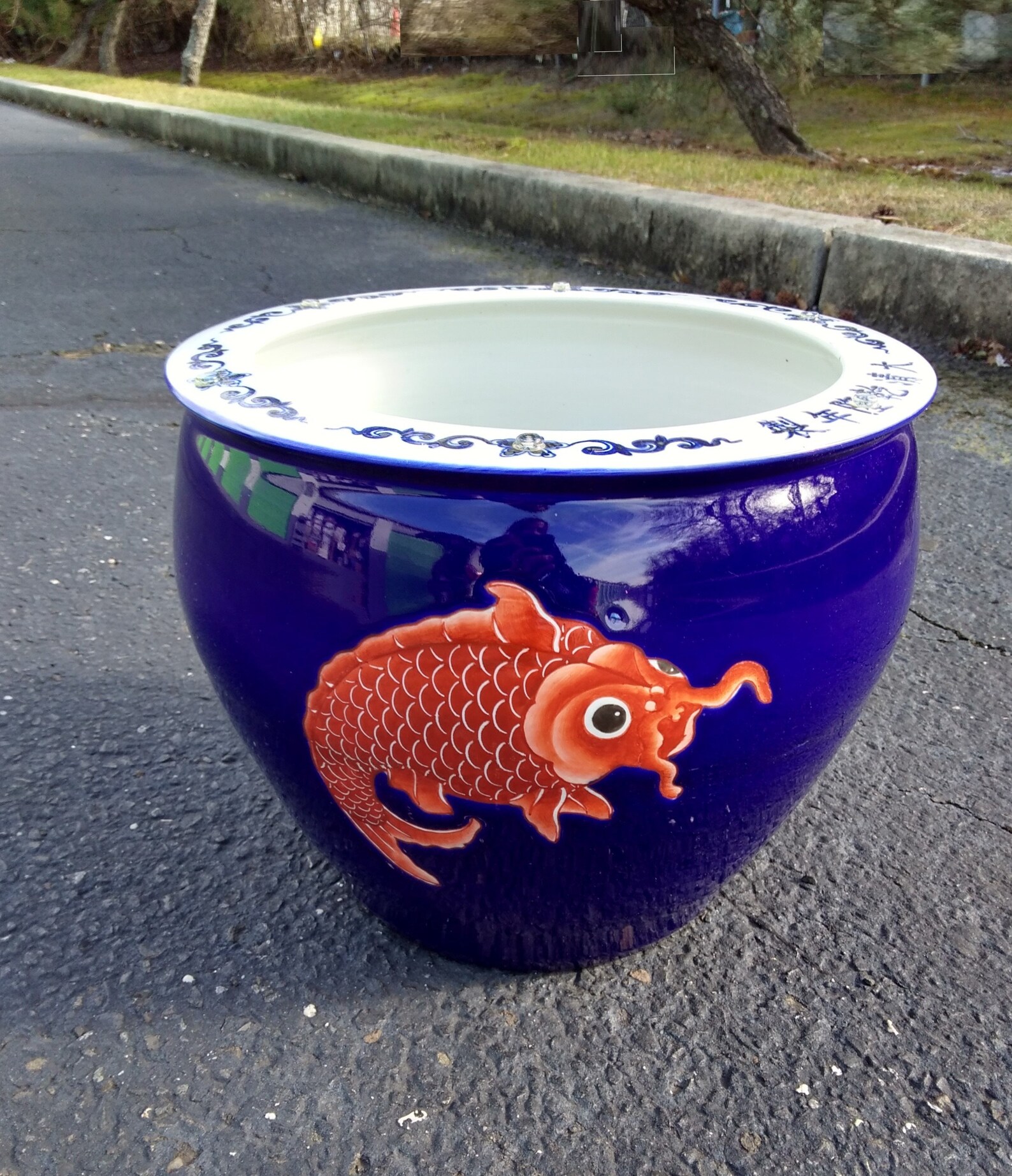 Cobalt Blue Planter Fish Bowl with Orange Koi Fish Planter Etsy