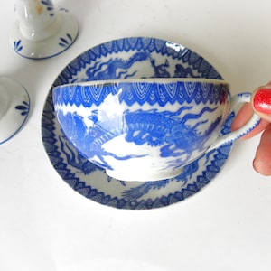 Vintage Japanese Dragon Teacup and Saucer Set: Blue & White Porcelain