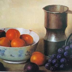 Henk Bos Lithograph: Mid-Century Still Life with Fruit & Silver Pitcher