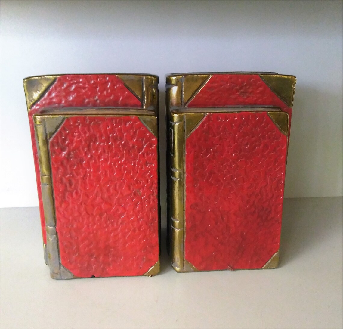 Brass Bookends Stack of Brass Books Bookends With Red Enamel | Etsy