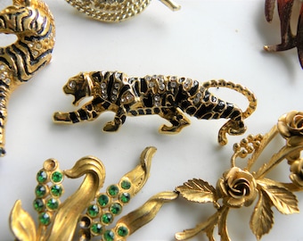 Enameled Tiger Pave  Rhinestone Brooch, Vintage Tiger Brooch Pin