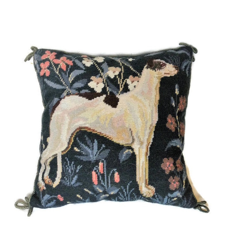 Dog Portrait Needlepoint Pillow With Jacobean Floral Etsy