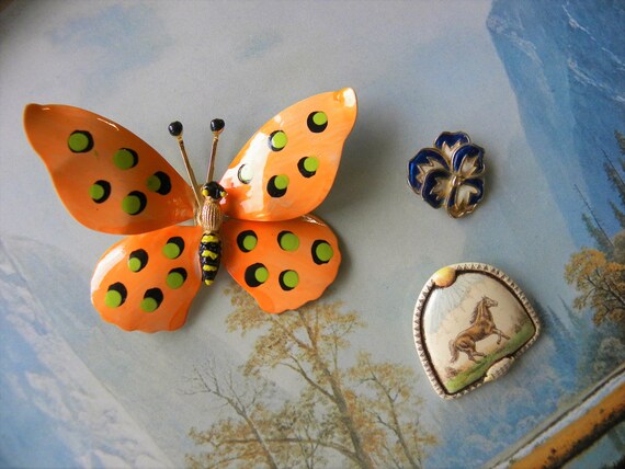 Enameled Butterfly Brooch Pin, Orange Enamel Butt… - image 6