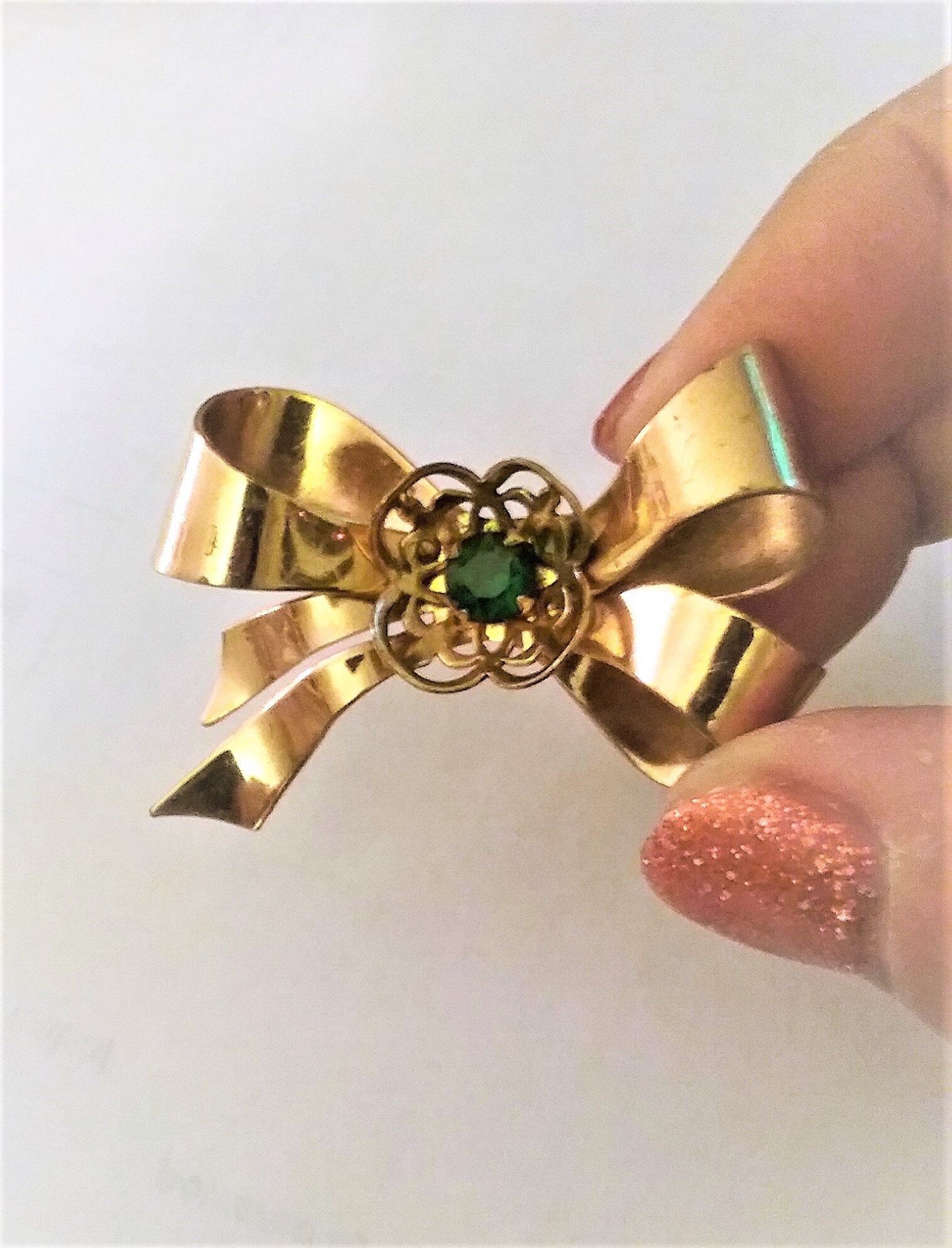 Coro Gold Ribbon Bow Brooch Pin with Green Rhinestone Gold Etsy Nederland