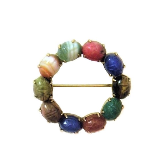 Vintage Multicolored Jade Scarab Pin 12K gf Signe… - image 2